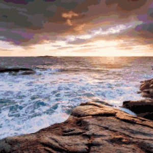 Seascape Sunrise Norway:  Nature - Ocean Inspired Cross-stitch Pattern, Pixel Art Image, Perler Bead Work Design