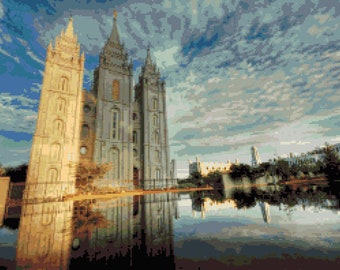 Morning Glory Reflected: LDS Church, Salt Lake City Temple, Utah Inspired Cross-stitch Pattern, Pixel Art Image, Perler Bead Work Design