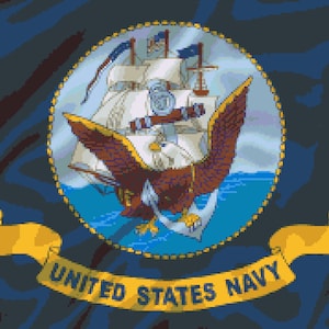 May include: A navy blue flag featuring the United States Navy emblem. The emblem includes a sailing ship, an eagle with outstretched wings, and the words "United States Navy" on a gold banner. The background has a wavy pattern.