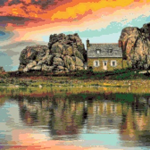 Haus der Einsamkeit Kreuzstich gezählt: Fantasy Einsiedlerinsel Kreuzstich Reflection Beauty Scene, Pixel Art Bild Perler Bead Work Design