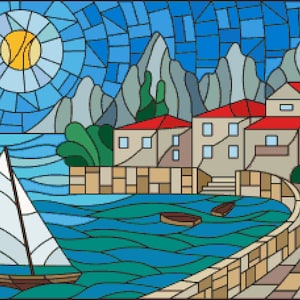 Bay at Sunset:  Nature - Sea Sunset Stain Glass Window Inspired Cross-stitch Pattern, Pixel Art Image, Perler Bead Work Design