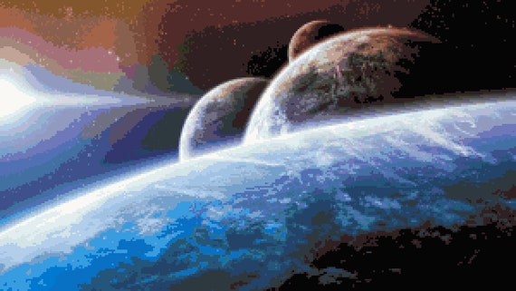 Solar System Dawn Science Fiction Space Inspired Cross Stitch Pattern Pixel Art Image Perler Bead Work Design