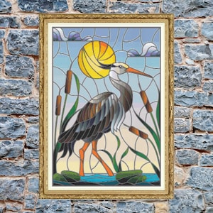 Stained Glass Noble Heron Cross Stitch Pattern:  Majestic Crane under Sun -  Pattern Keeper Compatible Chart, Digital Download PDF File
