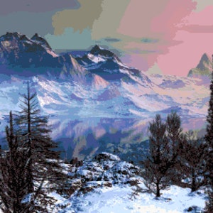 Winter Mountain Landscape Cross Stitch Pattern:  Scenic Wintry Night Pixel Art Image, Mountains with Pine Trees PDF Download, Pattern