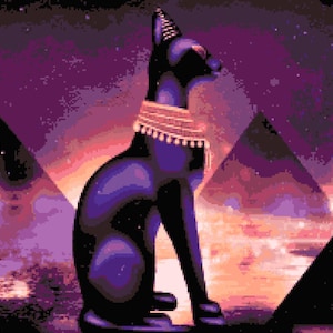 Egyptian Cat Cross Stitch Pattern:  African Colorful Fantasy Pixel Art Image, Egypt Pyramids with Bastet Scenic Art PDF Download, Pattern
