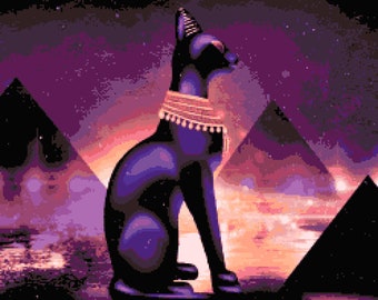 Egyptian Cat Cross Stitch Pattern:  African Colorful Fantasy Pixel Art Image, Egypt Pyramids with Bastet Scenic Art PDF Download, Pattern