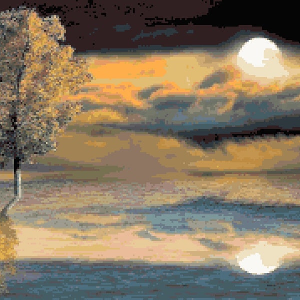 Night Reflection - Counted Cross Stitch: Moon Nature Scene Cross-stitch Pattern Reflective Landscape Pixel Art Image Perler Bead Work Design