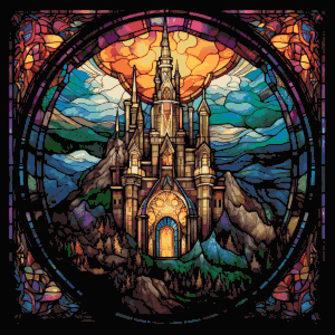 Stain Glass Castle Cross Stitch Pattern Fantasy Inspired Pixel Image, Colorful Mountain