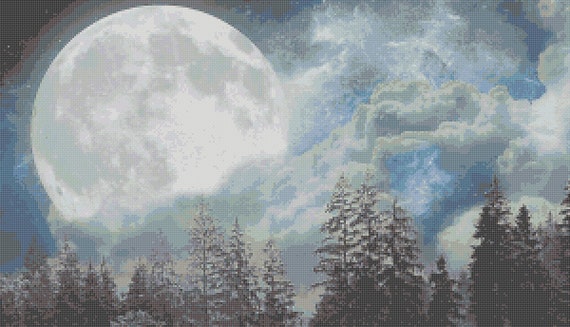 Lunar Magic: Massive Moon Nature Scene Cross-stitch Pattern