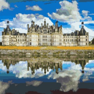 Chateau de Chambord Cross Stitch Pattern: French Castle Reflections Pixel Art Image, European Landmarks, Cross-stitch PDF Download, Pattern