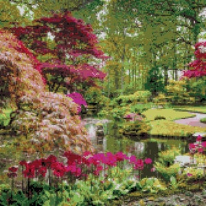 Traditional Japanese Garden Cross Stitch Pattern:  Oriental Spring Landscape Pixel Art Image Scenic Flowering Trees, PDF Download Pattern