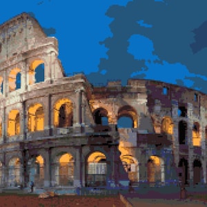 Roman Colosseum Cross Stitch Pattern:  Ancient Landmark Temple at Night Pixel Art Image, Amphitheater, Cross-stitch PDF Download, Pattern