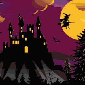 Witch&#39;s Domain: Haunted Castle Halloween Scene Cross-stitch Pattern Spooky Holiday Night, Pixel Art Image, Perler Bead Work Design