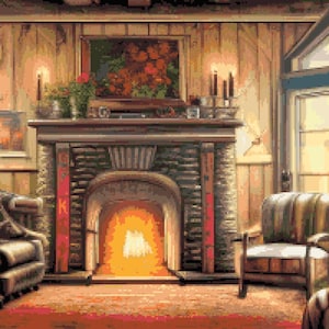 Cozy Hearth Counted Cross Stitch: Log Cabin Interior Scene Cross-stitch Comfortable Fireplace Pixel Art Image Perler Bead Work Design