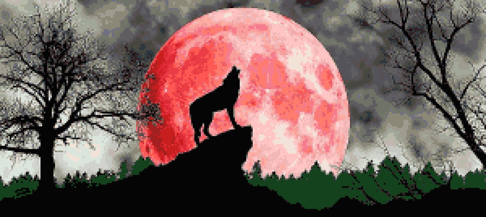 Blood Moon Wolf Cross Stitch Pattern: Wild Animal Scenic Nature Pixel