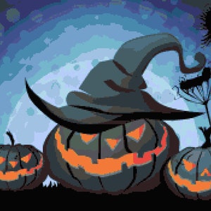 Witchy Pumpkins Cross Stitch Pattern:  Angry Jack-o-Lanterns Pixel Art Image, Halloween Night, Scenic Cross-stitch PDF Download, Pattern