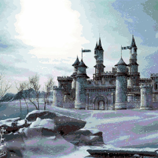 Enchanted Winter Castle Cross Stitch Pattern:  Fairy Tale Inspired Pixel Art Magical Fantasy Wintry Landscape Scene PDF Download Pattern