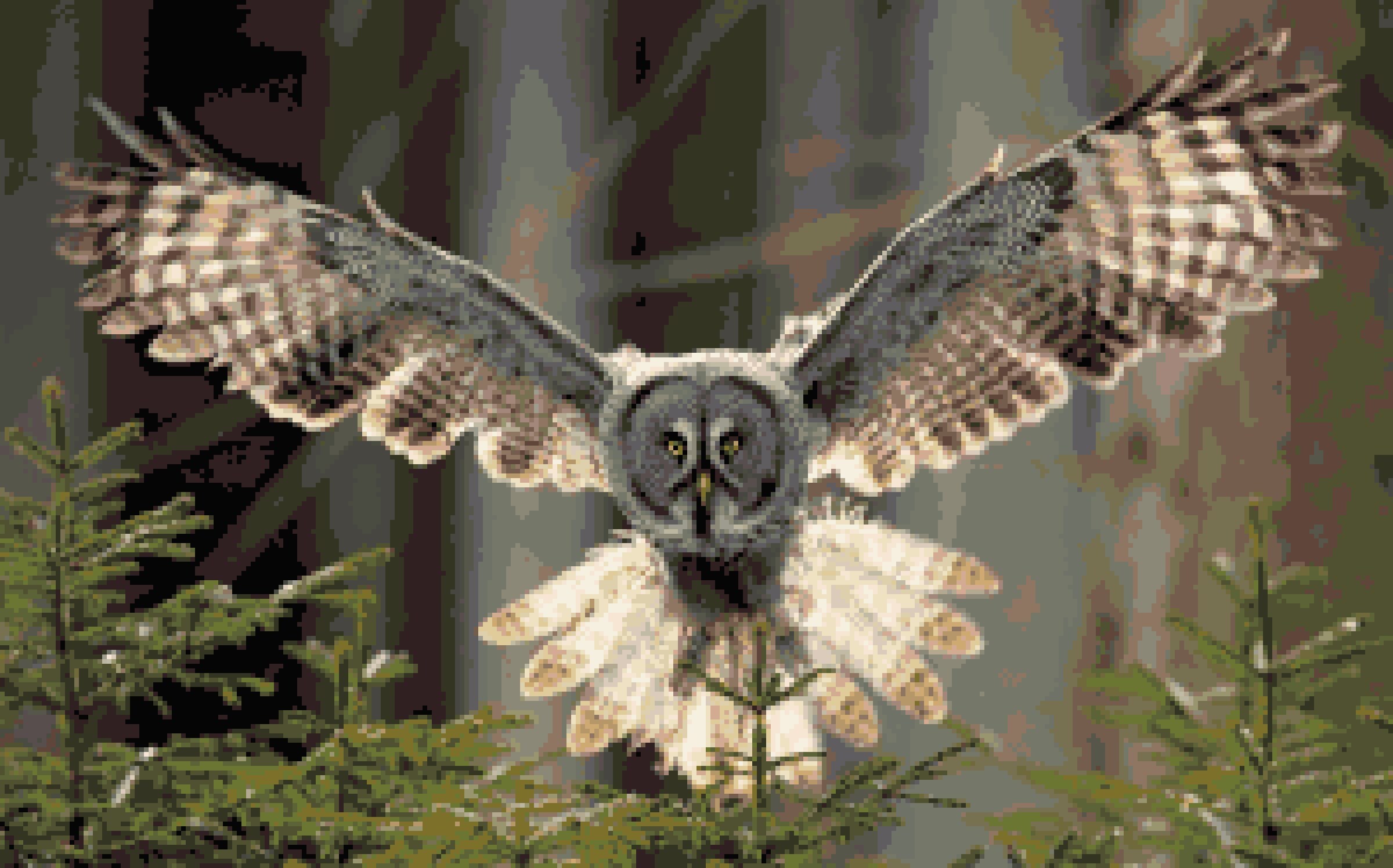 Great Grey Owl Cross Stitch Pattern:  Birds of Prey in Flight Pixel Art Image Strix Nebulosa Dark Fo