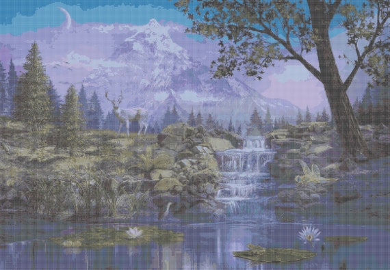 Mountain Waterfall Counted Cross Stitch: Beautiful Fantasy