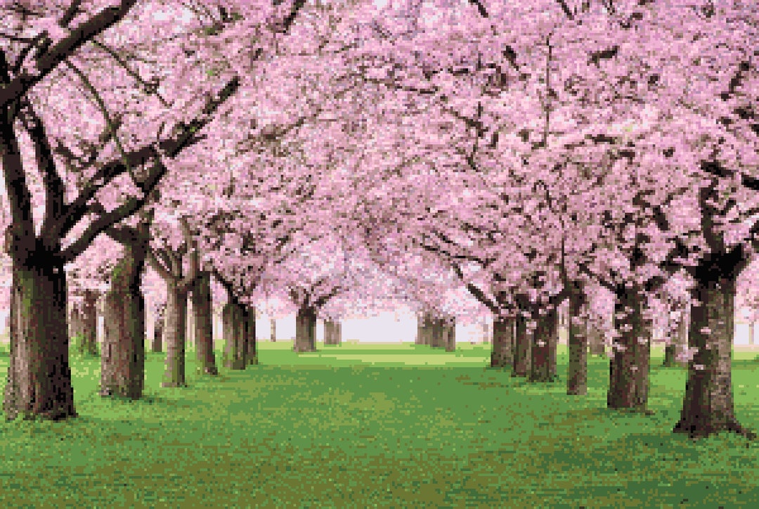 Cherry Blossom Orchard Cross Stitch Pattern: Japanese
