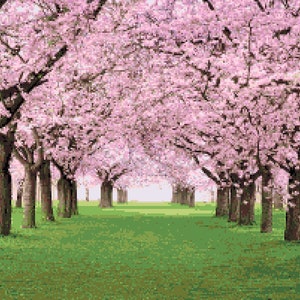 Cherry Blossom Orchard Cross Stitch Pattern:  Japanese Inspired Pixel Art Image, Pink Trees, Green Grass, Grove Art PDF Download, Pattern