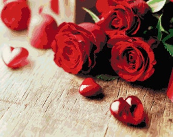 Roses and Hearts:  Romantic Valentine Scene Inspired Cross-stitch Pattern, Pixel Art Image, Perler Bead Work Design