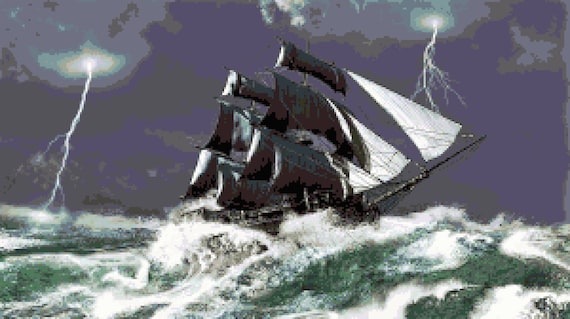 嵐の航海のクロスステッチパターン：激しい海の船の風景ピクセル