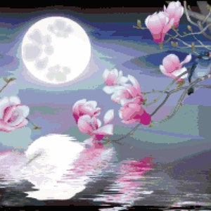 Full Moon Water Reflection Cross Stitch Pattern:  Pink Flowers at Night Pixel Art Image, Scenic Cherry Blossoms Posing PDF Download, Pattern