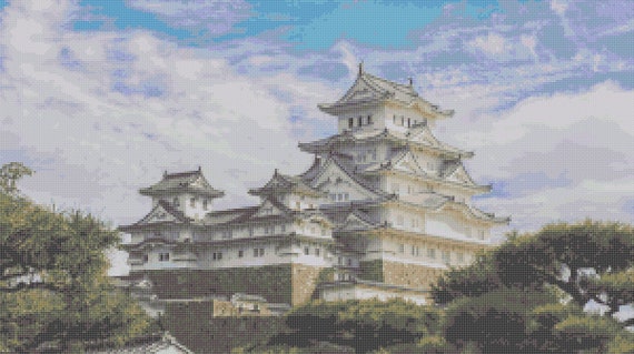 姫路城のクロスステッチパターン：日本の名所ピクセルアート画像、古代