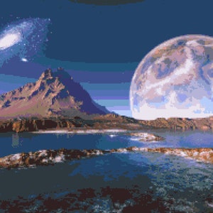 Fantastic Landscapes Cross Stitch Pattern:  Science Fiction Scenic Pixel Art Image, Alien Moon, Worlds, Cross-stitch PDF Download, Pattern