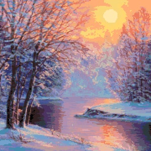 Winter Landscape Cross Stitch Pattern:  Seasonal Forest River Pixel Art Image, Scenic Snowy Banks & Trees Cross-stitch PDF Download Pattern