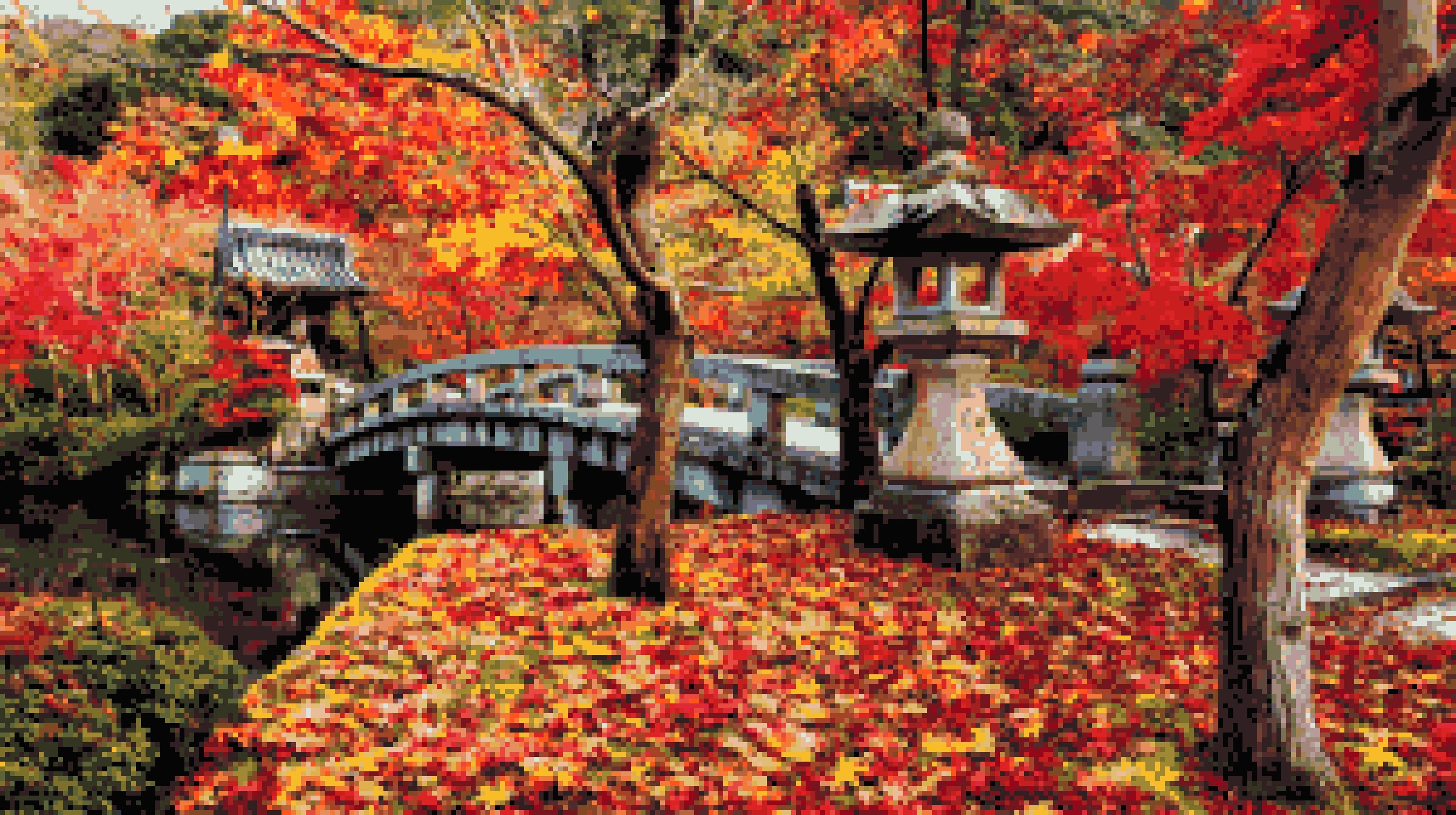 Japanese Autumn Bridge Cross Stitch Pattern: Kyoto, Japan