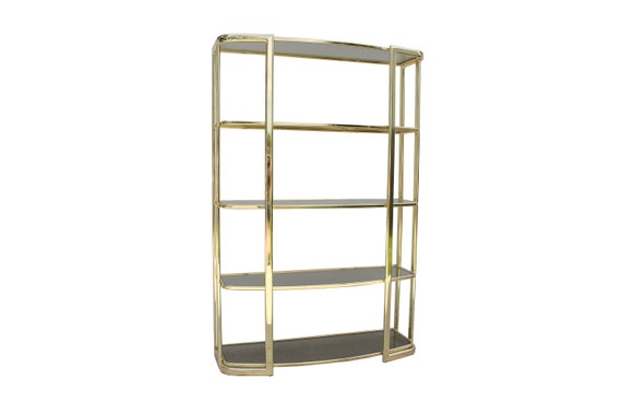 Vintage 1970's Hollywood Regency Brass Etagere Bookcase With Smoked Glass  Shelves 