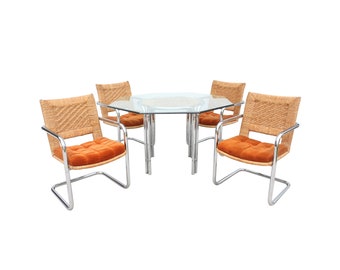 Vintage 1970's Chrome and Rattan Dining Set by Chromcraft