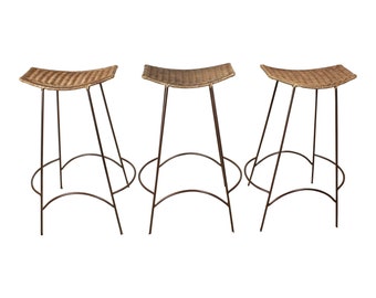 Vintage Arthur Umanoff Style Wrought Iron & Wicker Bar Stools - Set of Three