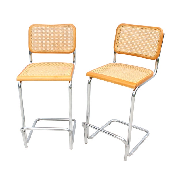 Vintage 1980's Cantilever Cane Bar Stools In The Style of Marcel Breuer - A Pair