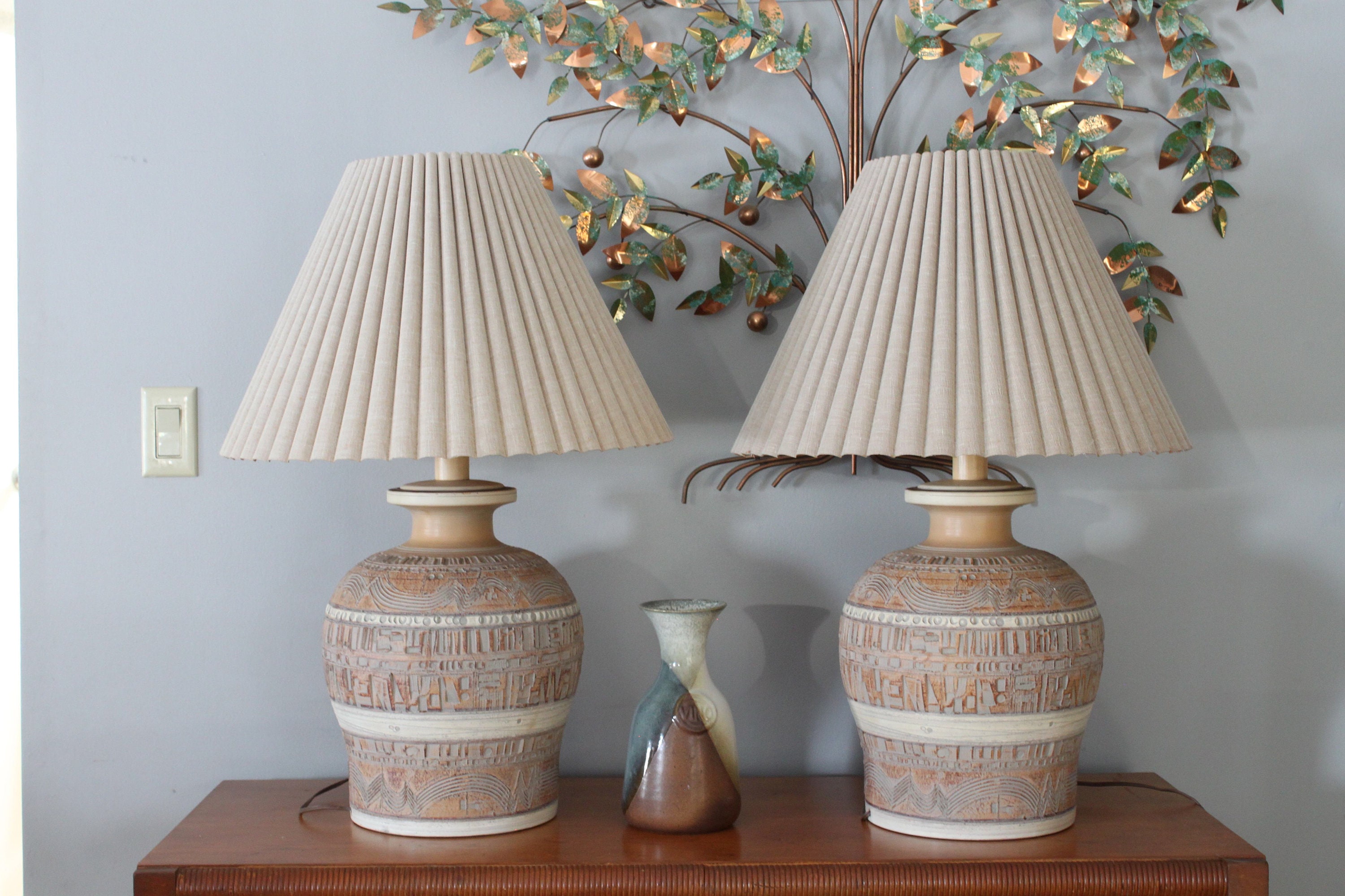 Vintage 1980's Geometric Pattern Ceramic Table Lamps by