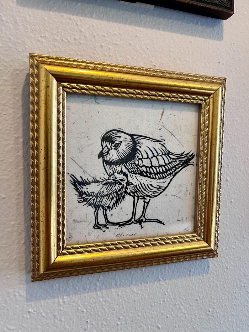 May include: A framed print showing a black and white linocut of two birds. The artwork is set within a gold-coloured frame with a textured, rope-like design. The birds are depicted with detailed linework, creating a striking contrast.
