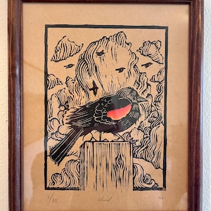Red Winged Blackbird Linocut Print