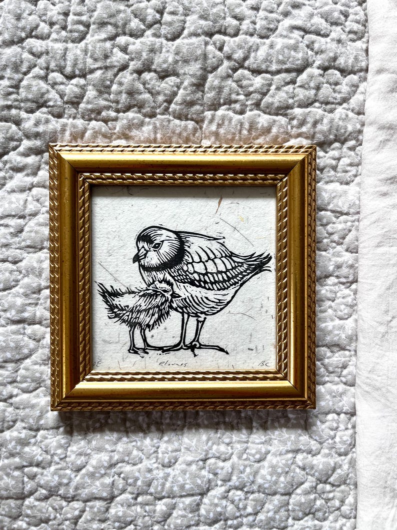 May include: A square framed art print featuring a black ink linocut illustration of an adult bird and a small chick on textured off-white paper. The frame is metallic gold with a rope-like embossed border. The word Plovers is written in pencil.