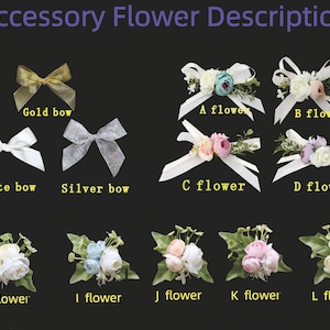 May include: An assortment of floral accessories, including bows and flower arrangements. The bows come in gold, white, and silver. The flower arrangements feature various colors, including white, pink, and blue, with green foliage.