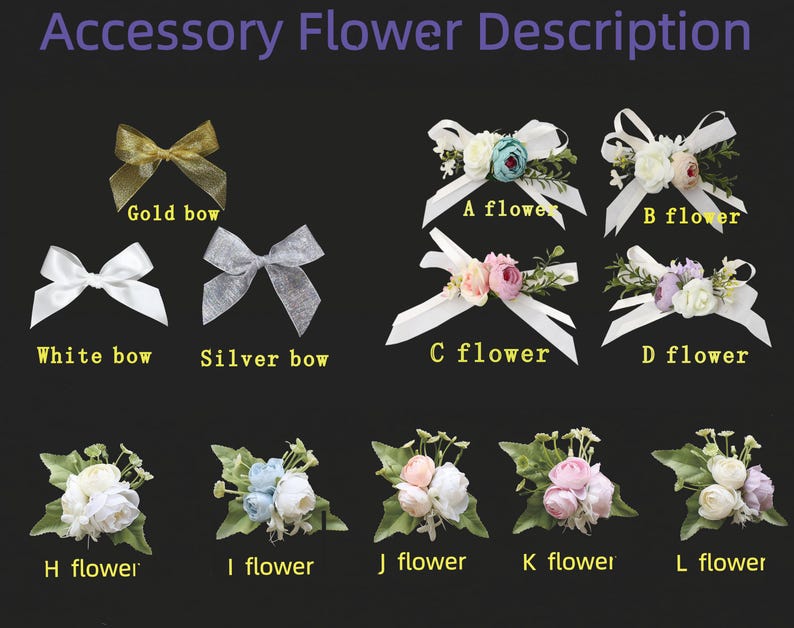 May include: An assortment of floral accessories, including bows and flower arrangements. The bows come in gold, white, and silver. The flower arrangements feature various colors, including white, pink, and blue, with green foliage.