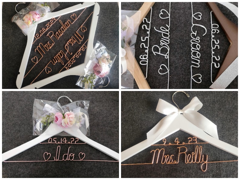 May include: White wooden wedding hangers with custom wire lettering and dates. One hanger reads "Mrs. Rasalan" and "Mrs. Halim" with dates. Another says "Bride" and "Groom" with dates. A third says "I do" with a date, and the last says "Mrs. Reilly" with a date.