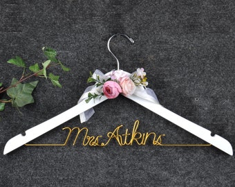 Personalized Gown Hanger - Wedding Dress Hanger With Flower -  Bride Hanger - Bridal Hanger - Bride Gift - Bridal Shower Gift