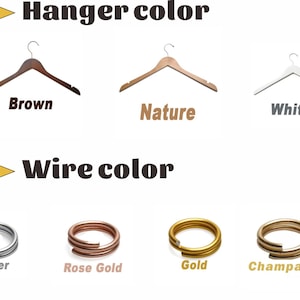 May include: Image showcasing wooden hangers in brown, natural, and white. The wire colors include silver, rose gold, gold, and champagne. Text labels identify the hanger and wire colors.