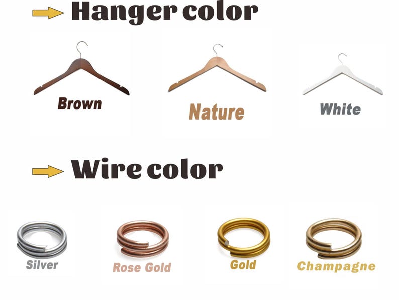 May include: Image showcasing wooden hangers in brown, natural, and white. The wire colors include silver, rose gold, gold, and champagne. Text labels identify the hanger and wire colors.