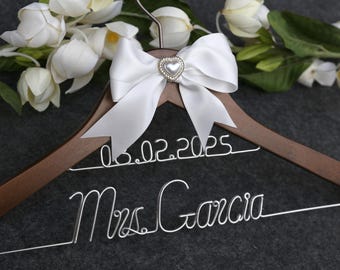 Personalized Wedding Hanger: Custom Name & Date, Bridal Gift with Bow