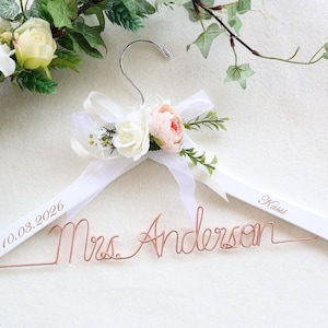 Custom Bridal Hanger with Aluminum Wire Lettering - Mrs. Name & Satin Ribbon | Wedding Photo Prop