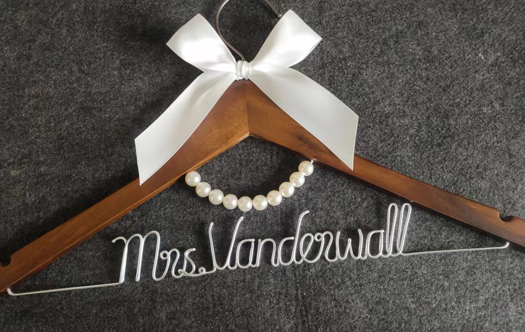 Personalized Wedding Hanger: Solid Wood, Wire Name, Pearl Detail