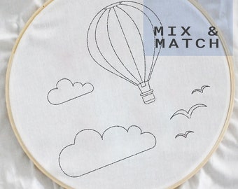 Hot Air Balloon Embroidery Pattern, cloud embroidery template jpeg pdf download, beginner, line drawing, outline, simple embroidery, cute